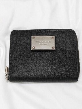 Michael Kors Black Leather Zip Wallet with Silver Plaque